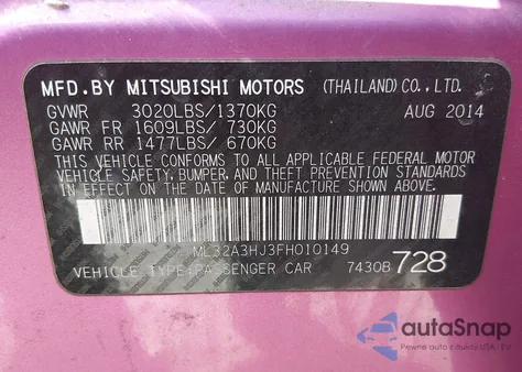 2015 Mitsubishi Mirage De from USA, damaged, VIN ML32A3HJ3FH010149